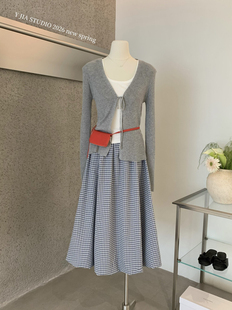 伊嘉韩版 高腰复古半身裙套装 休闲针织开衫 显瘦背心 女 修身 Y.JIA