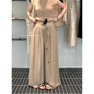 Y.JIA伊嘉韩系慵懒风垂坠感高腰显瘦宽松棉麻a字绑带阔腿休闲裤女