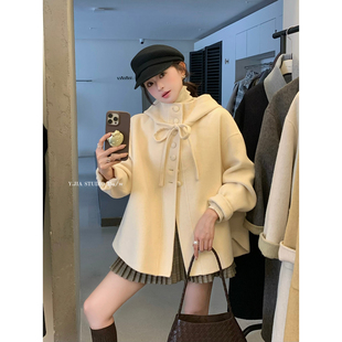 Y.JIA 伊嘉韩系减龄气质连帽羊毛大衣短外套女秋冬双面毛呢子大衣