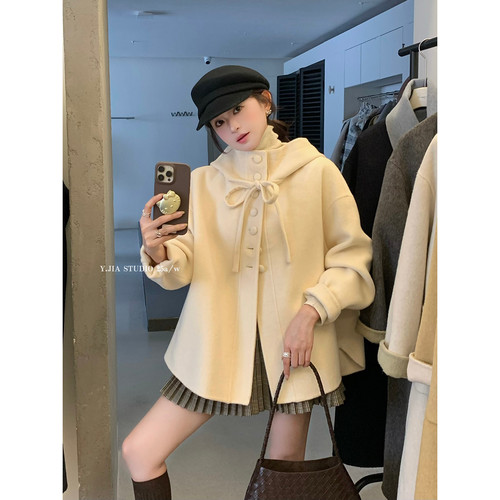 Y.JIA 伊嘉韩系减龄气质连帽羊毛大衣短外套女秋冬双面毛呢子大衣