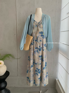 碎花吊带连衣裙套装 Y.JIA 防晒衫 温柔风复古气质泡泡袖 伊嘉法式