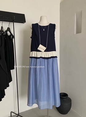 Y.JIA 伊嘉夏日蓝调撞色设计感三段式拼接连衣裙女法式复古长裙子