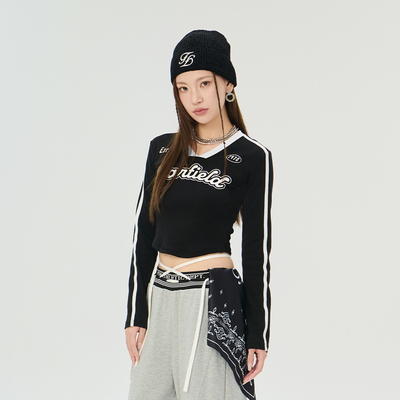 FunFun条纹V领长袖T恤