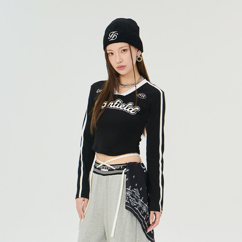 FunFun条纹V领长袖T恤