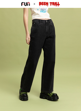 Fun2025春夏线下商场同款BeenTrill潮牌直筒做旧黑色牛仔裤