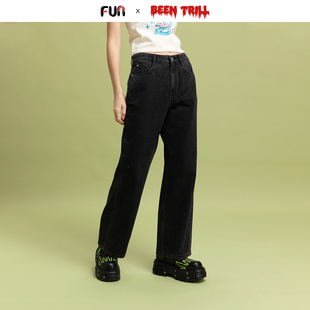 Fun2025春夏线下商场同款BeenTrill潮牌直筒做旧黑色牛仔裤