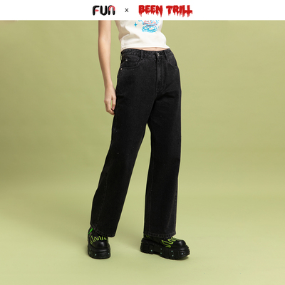 Fun2025春夏线下商场同款BeenTrill潮牌直筒做旧黑色牛仔裤