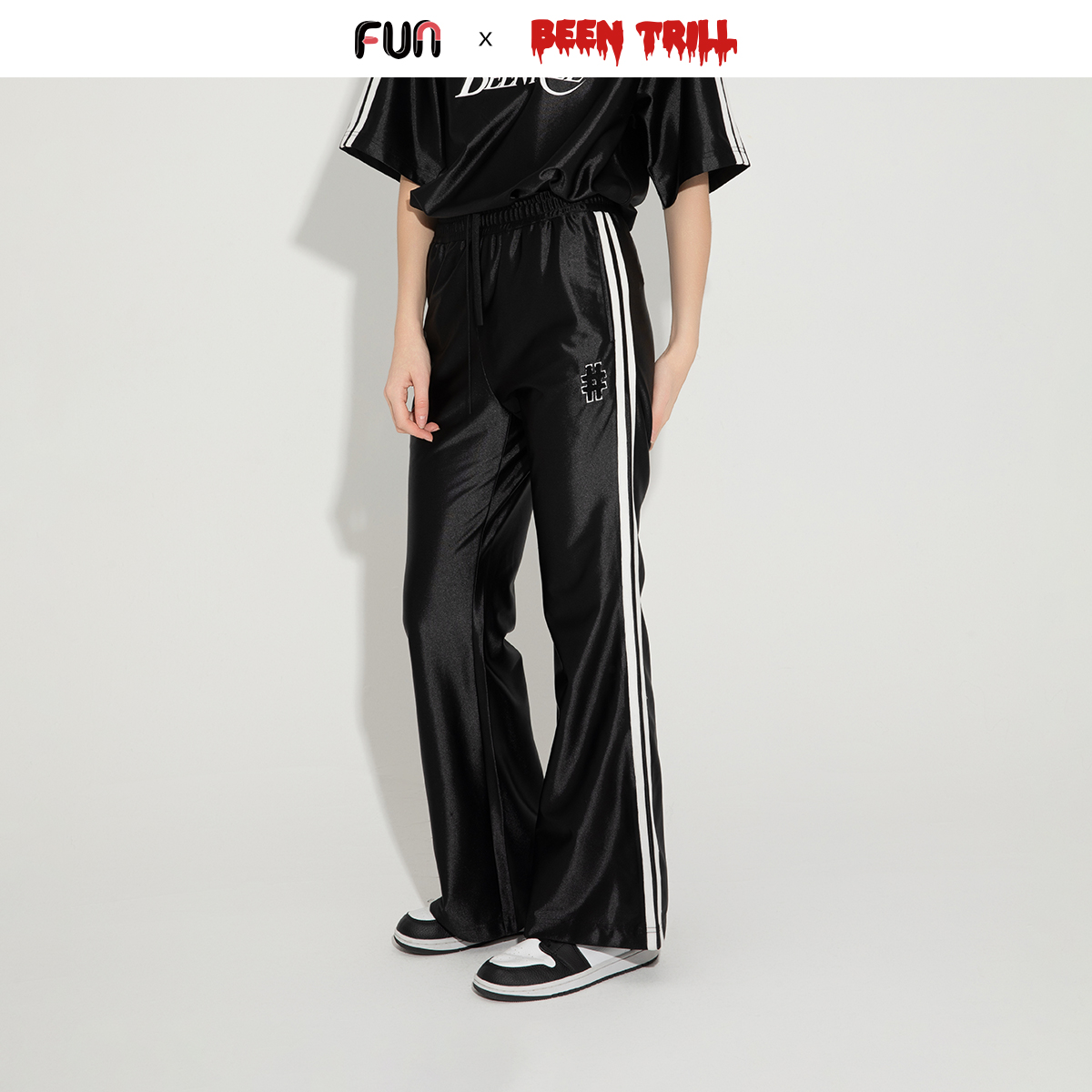 Fun2025春夏线下商场同款BeenTrill潮牌侧边条纹光面休闲裤微喇裤