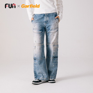 直筒牛仔裤 复古多口袋做旧工装 加菲猫联名男女美式 Fun2025秋冬季