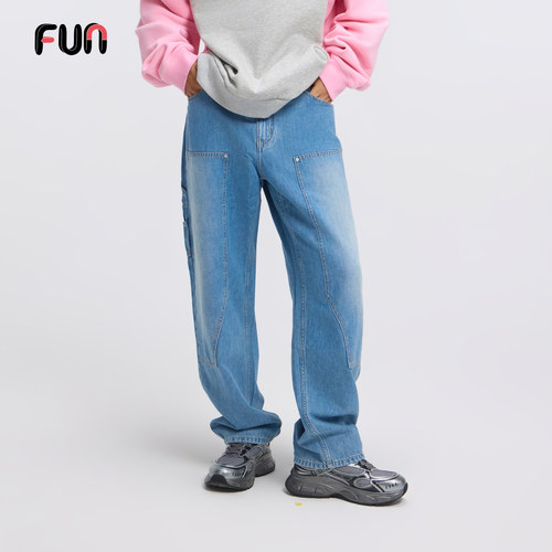 Fun2025秋季复古洗水牛仔裤子男阔腿休闲裤直筒伐木裤美式工装裤