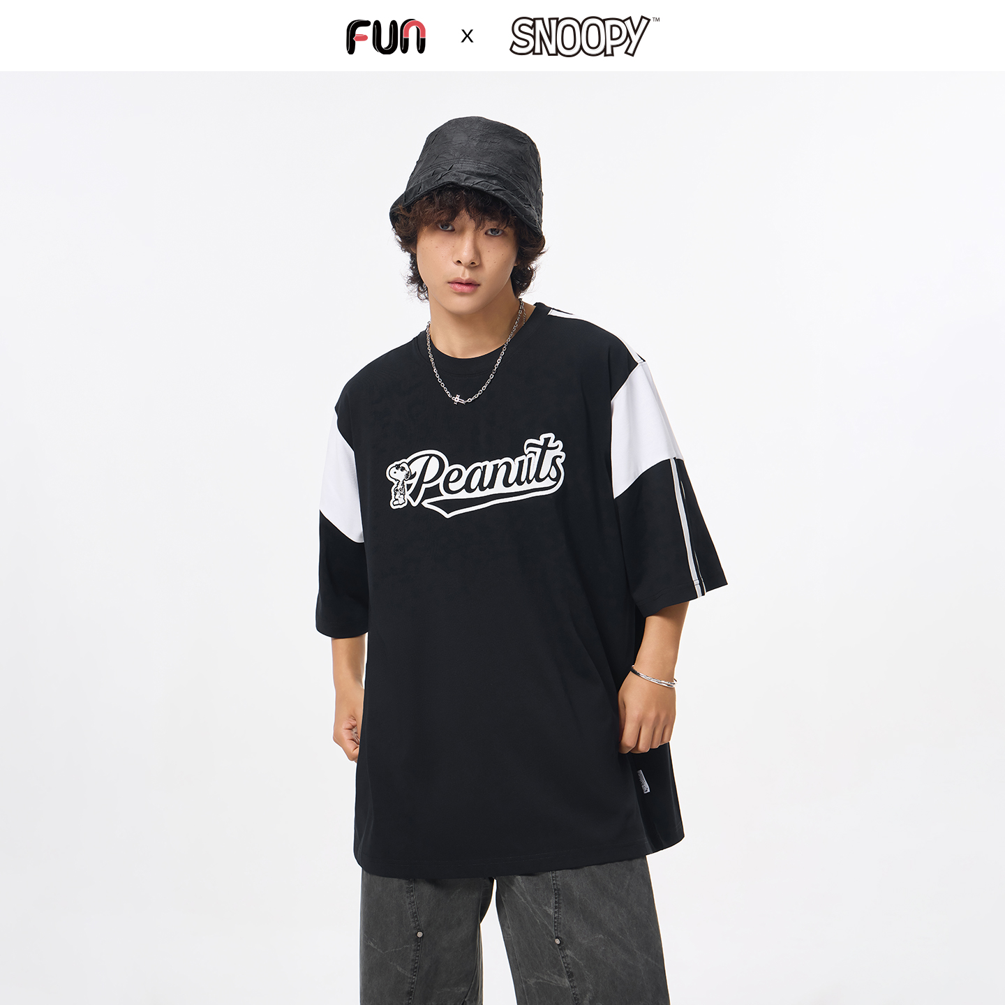 Fun潮牌短袖T恤男024年夏季史努比联名字母印花情侣插肩袖上衣女