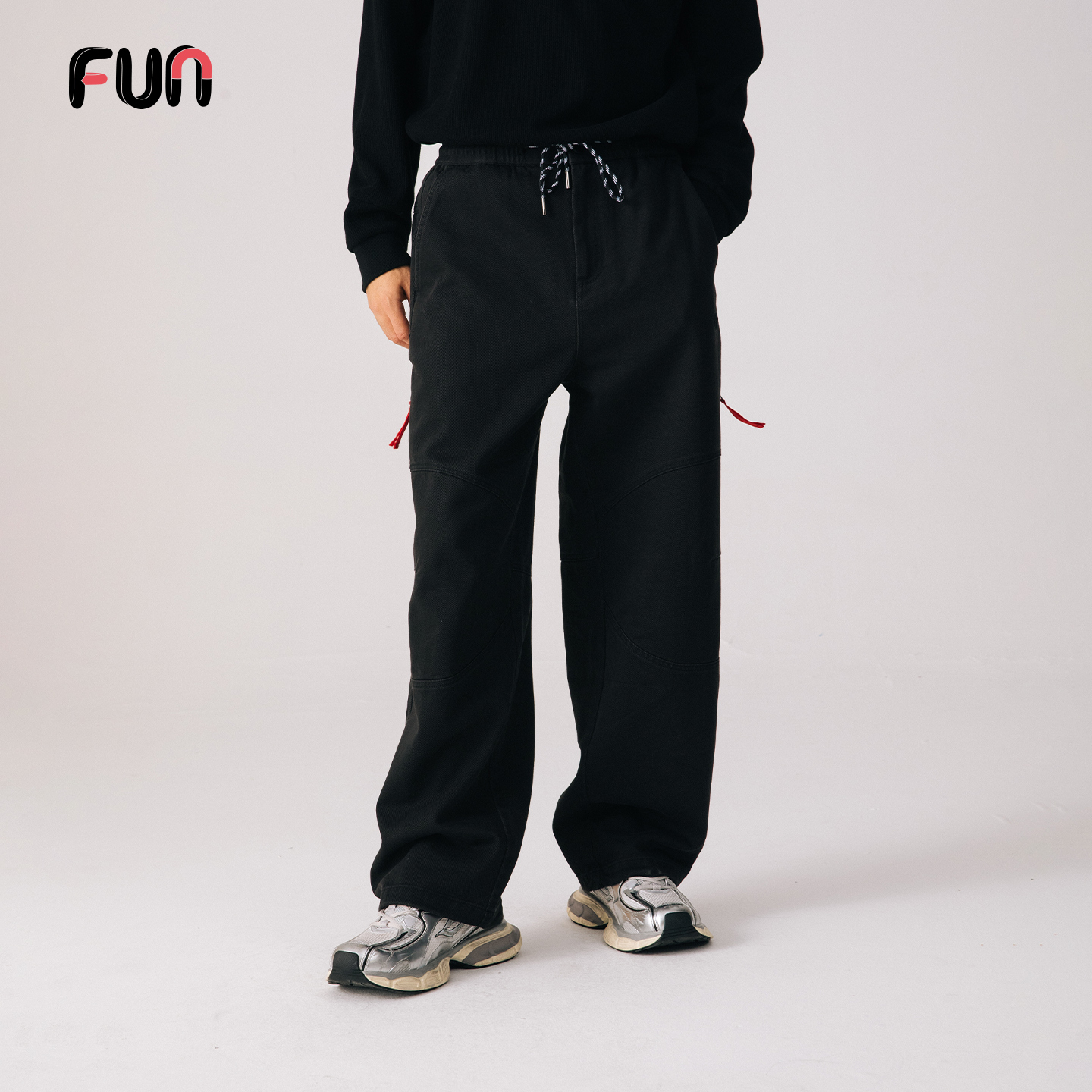 Fun极简风黑色阔腿裤宽松直筒