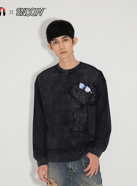 Fun潮牌卫衣男2025年秋冬新款史努比联名黑色圆领休闲长袖上衣