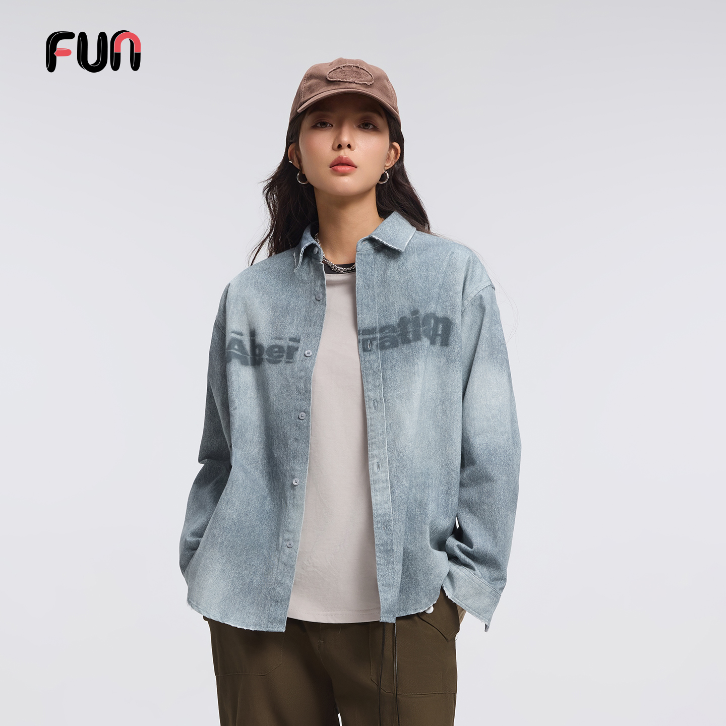 Fun2025秋季新品牛仔外套男潮牌衬衫宽松做旧水洗复古上衣女