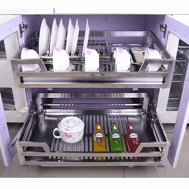 304不锈钢厨房橱柜抽屉拉篮 碗碟拉篮放锅平蓝阻尼滑轨方管拉篮