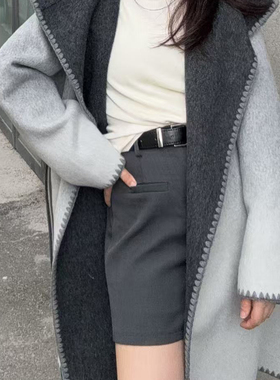 一起款韩版小个子灰色羊毛外套(配腰带)（含100澳毛）ZH19