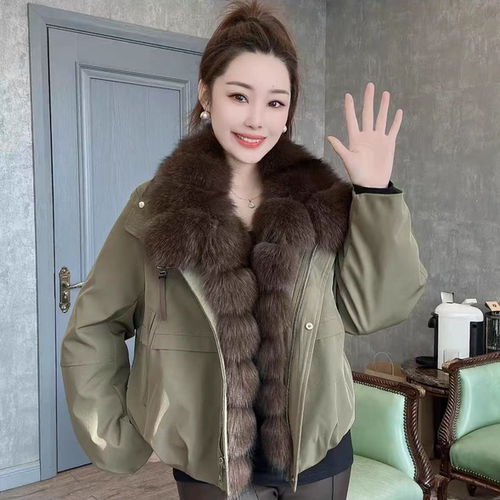一起狸大毛领派克服保暖羽绒服外套(配可拆卸真狐狸毛毛领)d1366