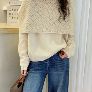 含100绵羊毛 配披肩 Y一2558 设计感减龄洋气针织衫 一起披肩式