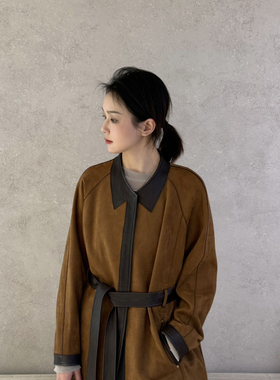 一起浪边设计感西装领极简廓形麂皮绒外套皮衣(配腰绳)YS1-OLX016