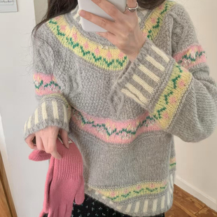 一起系甜蜜蜜复古提花慵懒厚实时髦宽松百搭保暖毛衣A1939