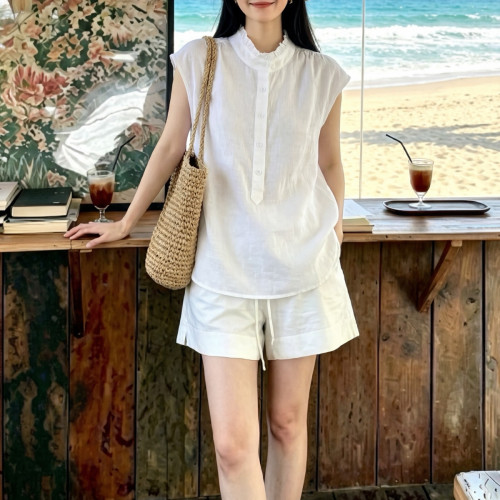 起起夏上新清凉透气无袖亚麻衬衫极简通勤小个子显瘦小衫衬衣衬衫