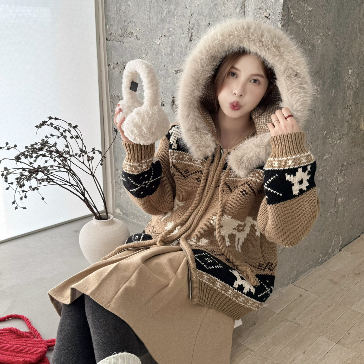 一起懒加厚连帽复古拉链外套保暖毛衣(毛领不可拆)50651