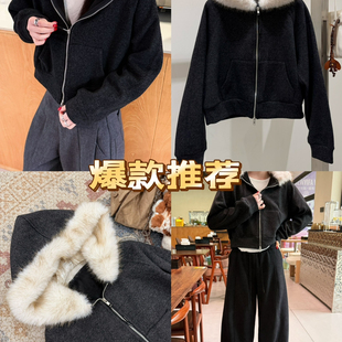 GN8081 含2羊毛 一起韩系连帽拼接毛毛气质时尚 显瘦拉链短外套