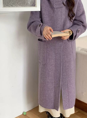 一起冬上新韩系连帽牛角扣长款羊毛外套（含80羊毛）45444