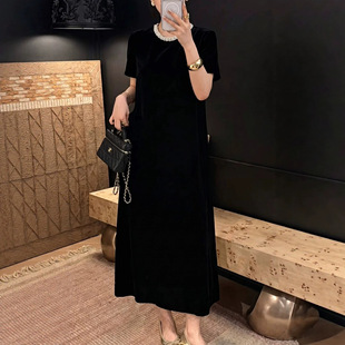 一起起夏法式真丝丝绒领口手工钉珠短袖连衣裙大气长裙