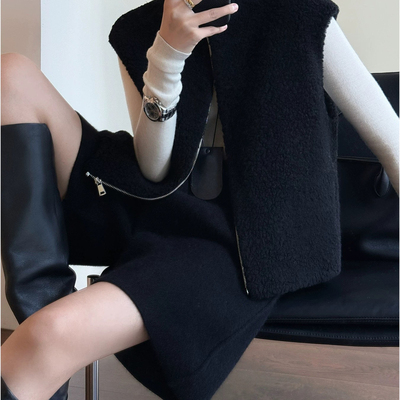 一起韩系舒适颗粒立领拉链保暖宽松马甲（含100羊毛）22445