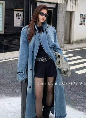 一起冬上新复古风宽松水洗牛仔风衣(配腰绳)52367