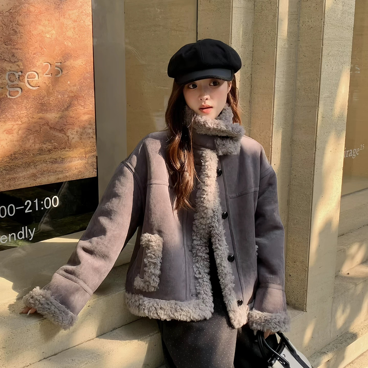 起设计领麂皮绒环保皮毛一体羊毛外套（含100绵羊毛）S-HXJ13033