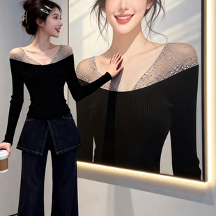 起春上新V领网纱烫钻植绒小衫 SY2659 不含任何配件