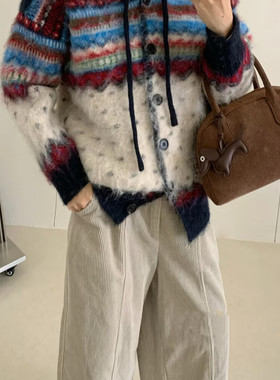 一起系慵懒风连帽宽松保暖毛衣撞色条纹针织提花保暖毛衣12241hc