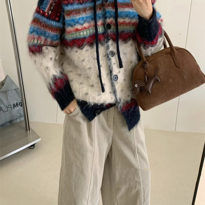 一起系慵懒风连帽宽松保暖毛衣撞色条纹针织提花保暖毛衣12241hc