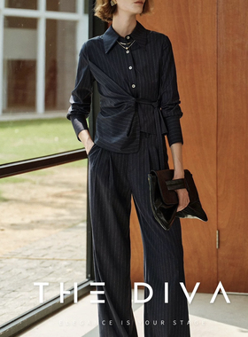 一起-6年早春老钱设计感条纹系带衬衫+阔腿休闲裤套装YS2-Js445