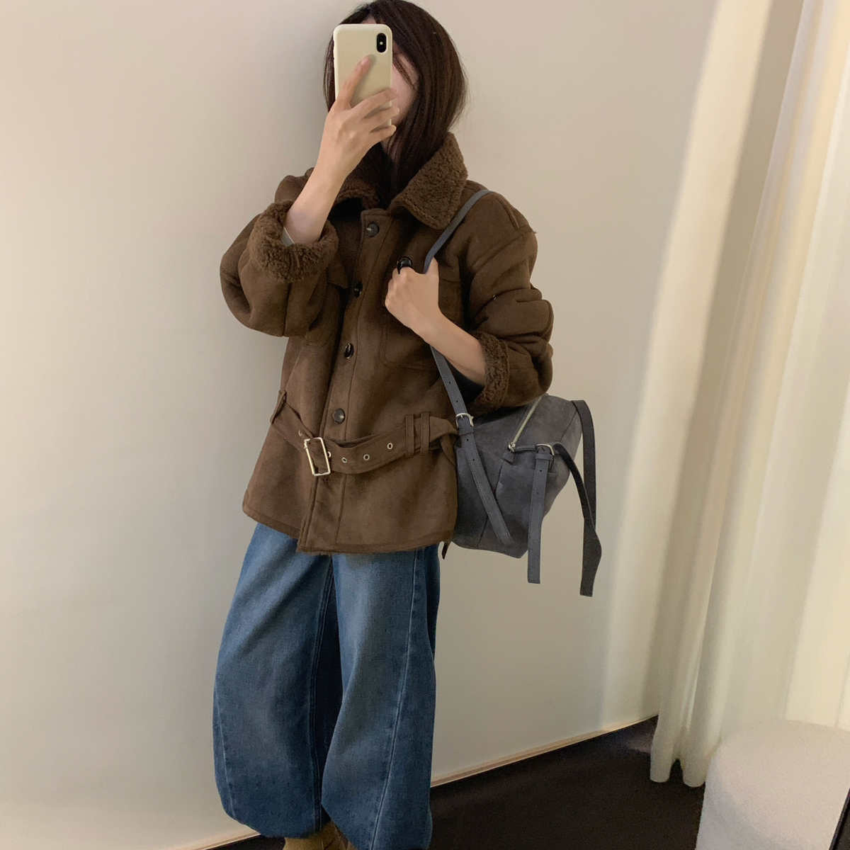 一起进档必开款巨软糯翻领单排扣短外套(配腰带)25X316-1