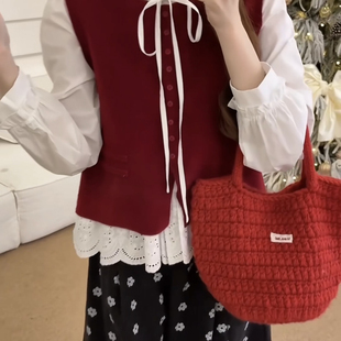 一起6春上新女装韩系时尚甜美花边衬衫+毛线针织马甲两件套装JX-5