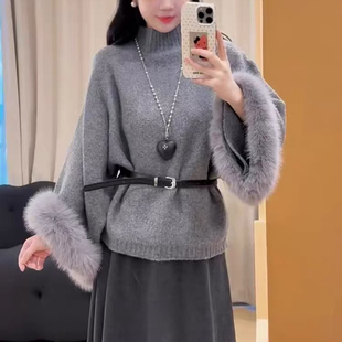 A99172 配毛领狐狸毛仿毛可拆卸 一起拼袖 毛千金感套头保暖毛衣