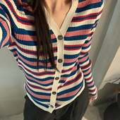 一起春上新条纹拼色V领针织衫 118 2255