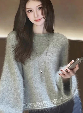 一起家新灰色烫钻圆领女冬季慵懒高级感外穿宽松保暖毛衣创8807s