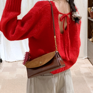 一起设计反两穿圣诞纯欲v领系带宽松露背套头毛衣毛衣1331