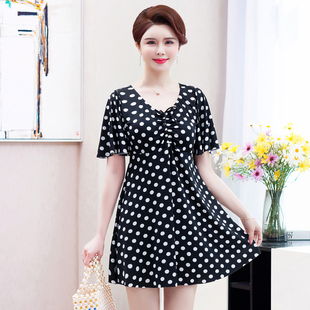 带胸垫温泉大码 短袖 中老年 分体遮肚子显瘦平角裤 胖妈妈泳衣女裙式