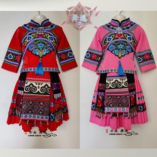 彝族火把节生活民族服饰 绣花女孩服装 新款 楚雄彝族女童裙子套装