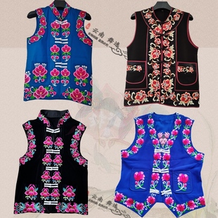 云南禄劝彝族杜鹃花男女民族传统马褂 楚雄跳左脚舞坎肩蓝布尖角