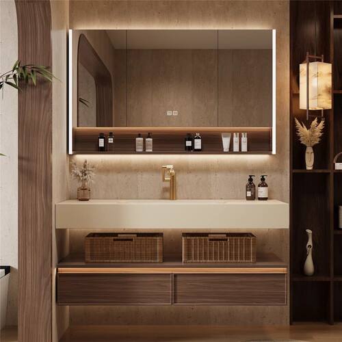 莫顿酒店中古风浴室柜组合卫生间洗漱岩板热弯一体盆洗漱台面洗手