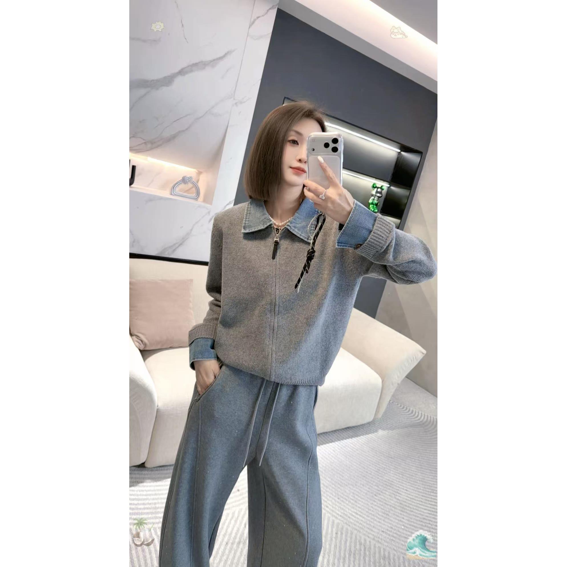 熙薇【织丹合一】2025冬季新款休闲牛仔拼接羊毛开衫H6653