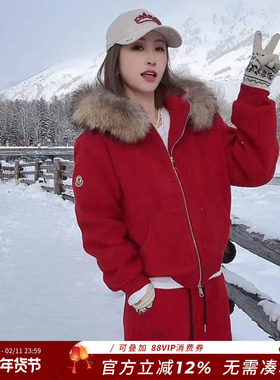 熙薇『酒红映月』2025冬季新款设计师短款连帽羽绒服H6906
