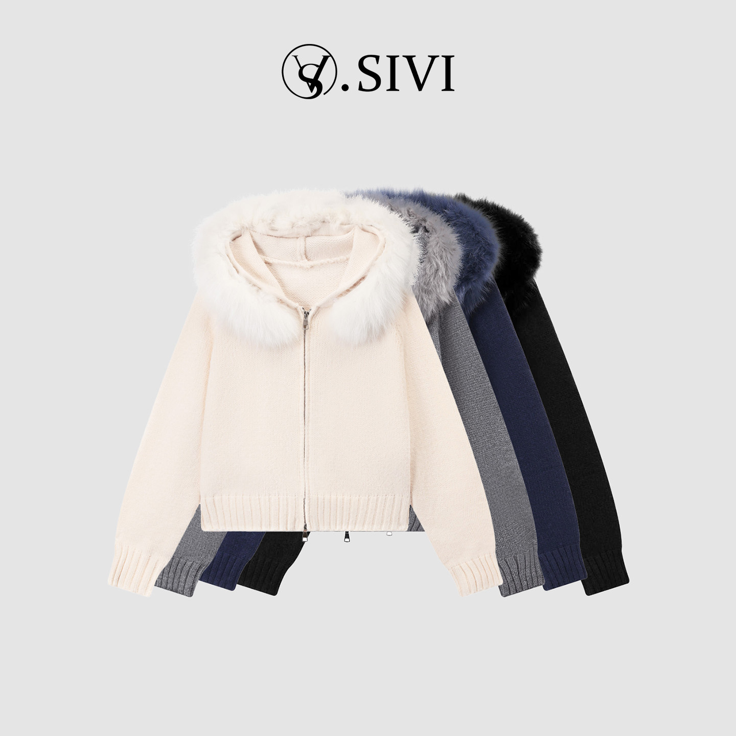 熙薇sivi狐狸毛领毛衣外套女秋冬季加厚高级感小个子连帽针织开衫