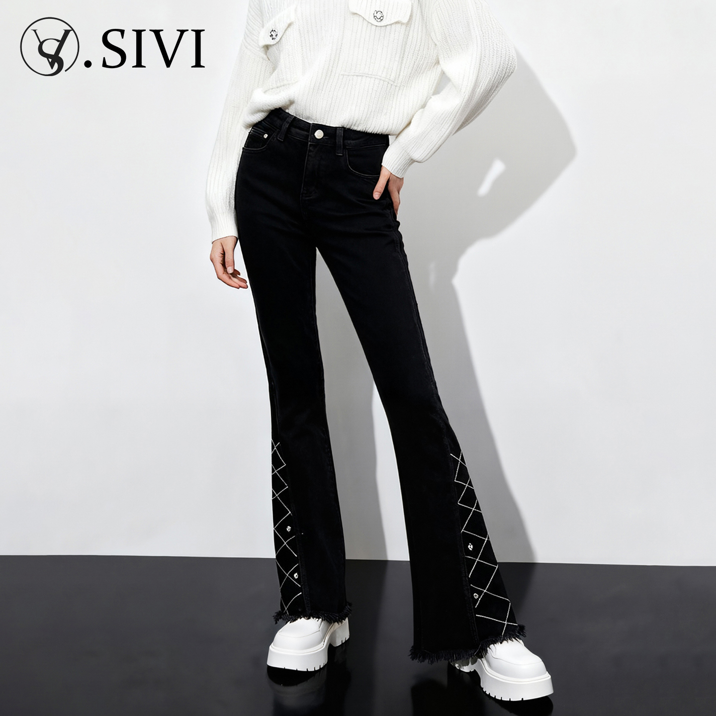 熙薇【流云钻迹】2025冬季新款时尚加绒重工微喇牛仔裤H6420